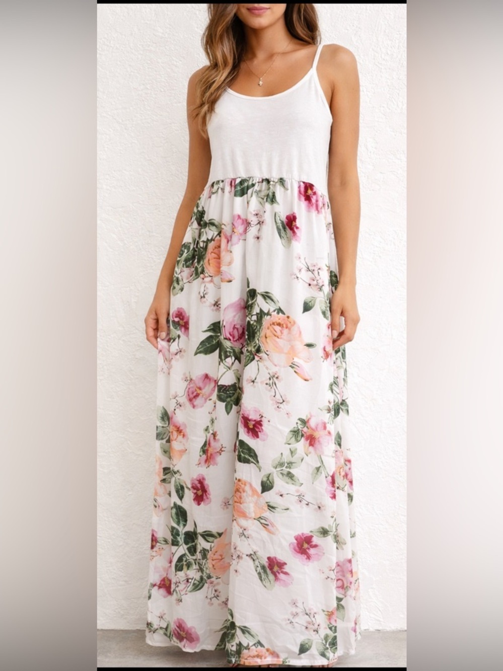 Forever 21 Floral Maxi Dress White Pink Boho Flowy Sleeveless Medium‎